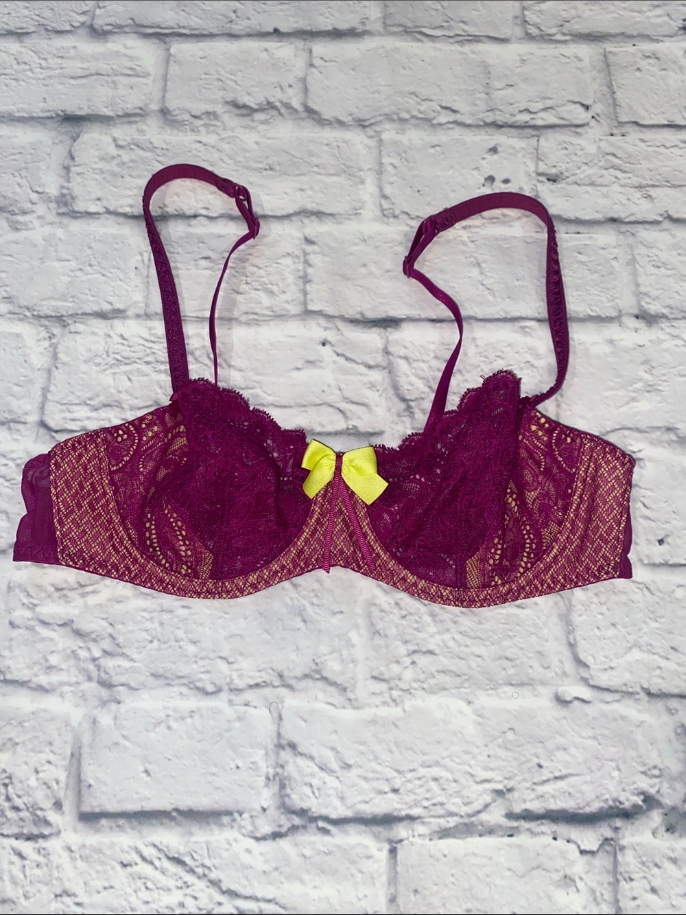 Aubade Purple Lace Demi Underwire Bra with Yellow Bow Size 36B